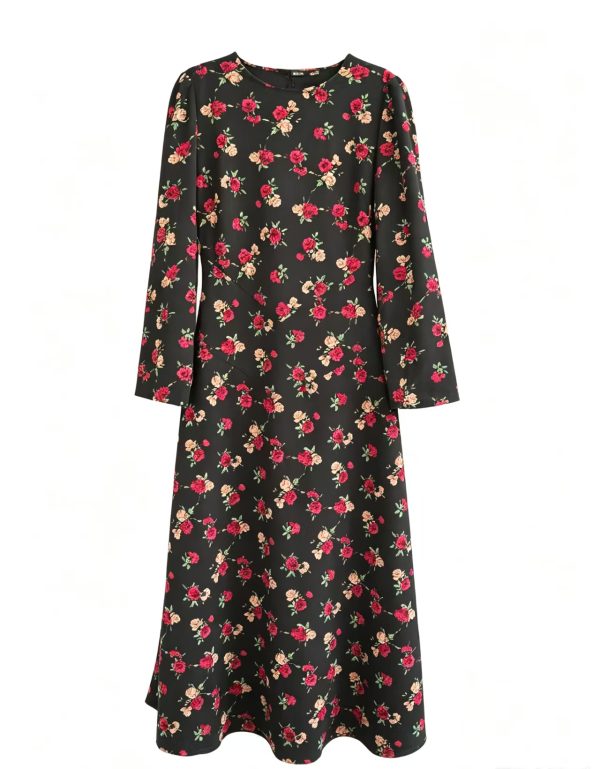 Elegant Black Floral Long Sleeve Flare Dress