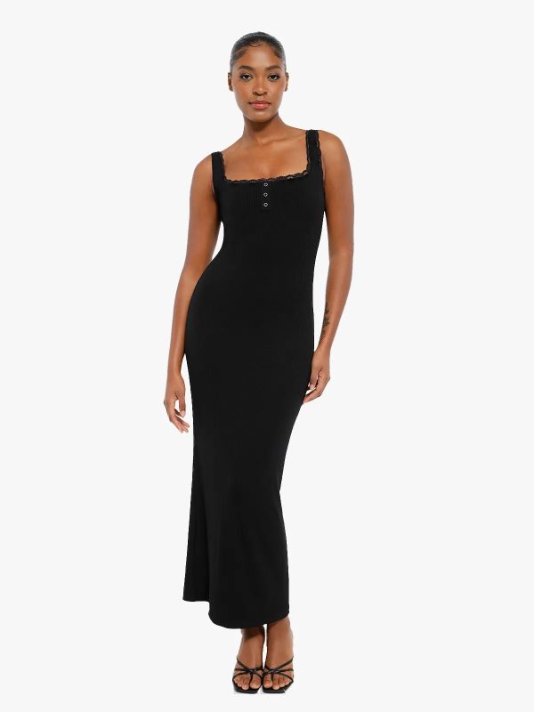 Shapewear Modal Lace Trim Henley Tank Maxi Dress