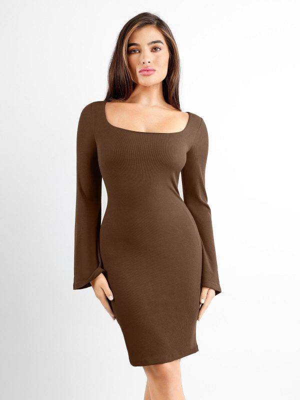 Shapewear Bell Sleeve Square Neck Midi Dress