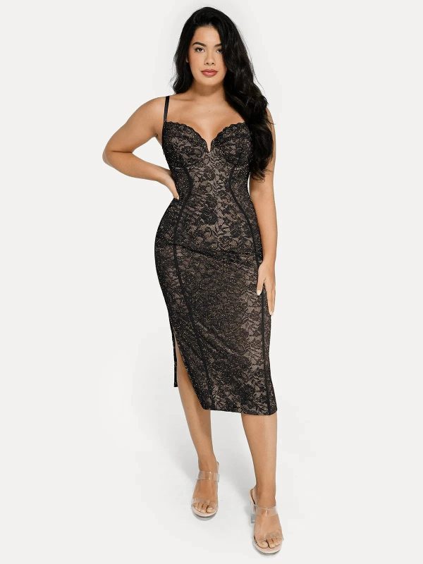 Shapewear All-Lace Corset Side Slit Midi Dress
