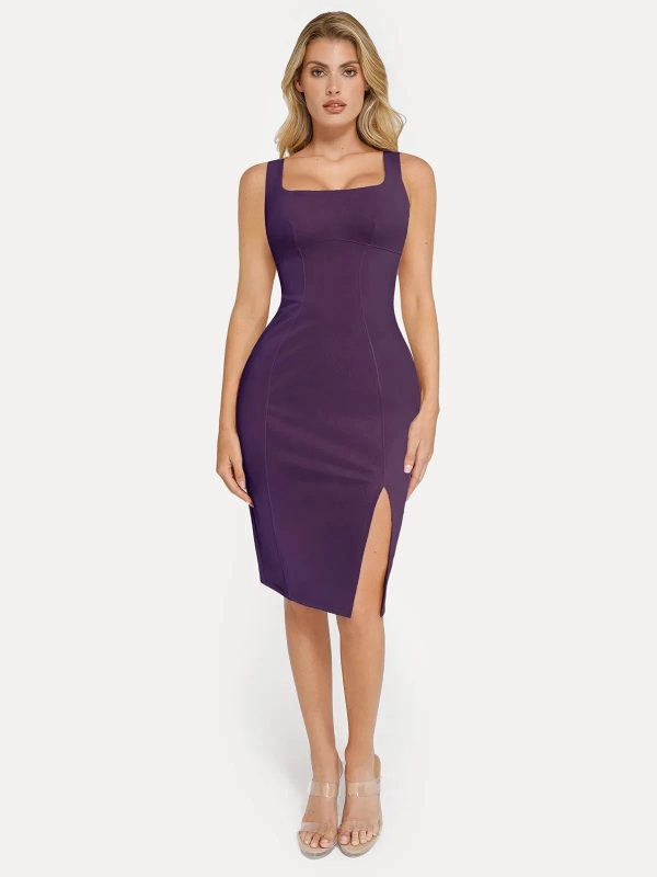 Shapewear Faux Nubuck Bodycon Slit Midi Dress