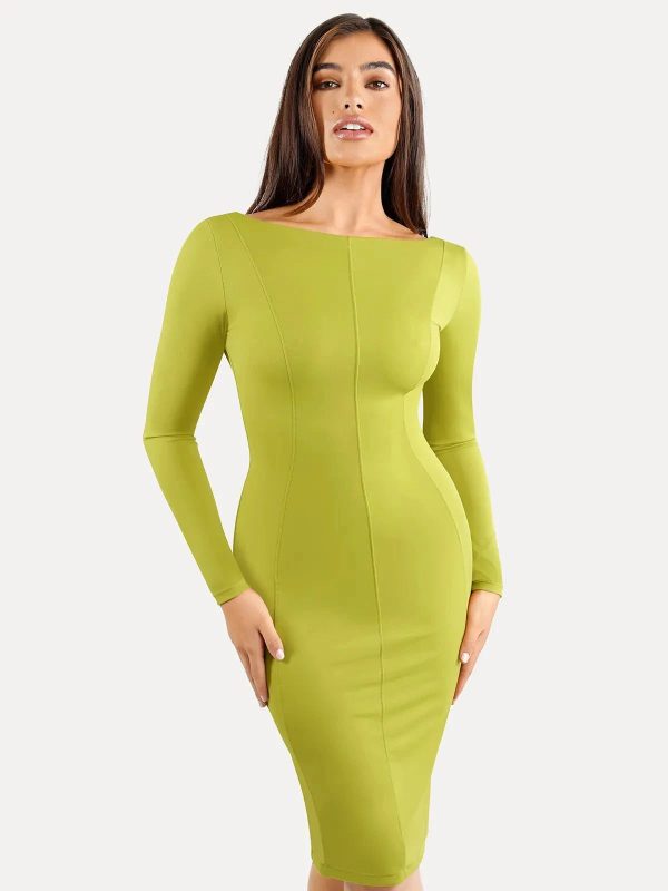 Shapewear Long Sleeve Boat Neck Midi Dress