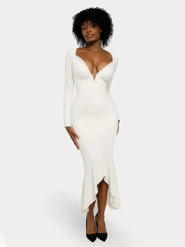 Shapewear Long Sleeve Lace Trim Mermaid Maxi Dress