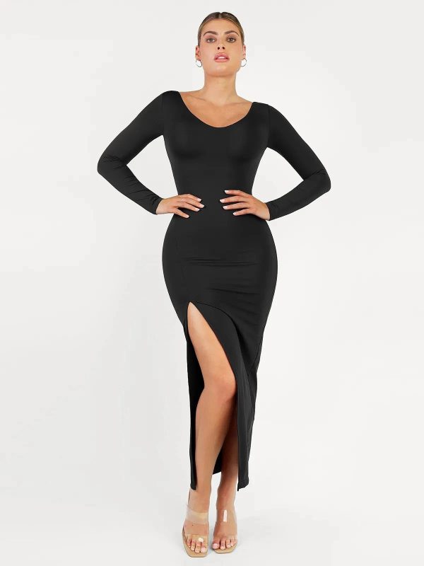 Shapewear Long Sleeve V-Neck Low Back Maxi Dress