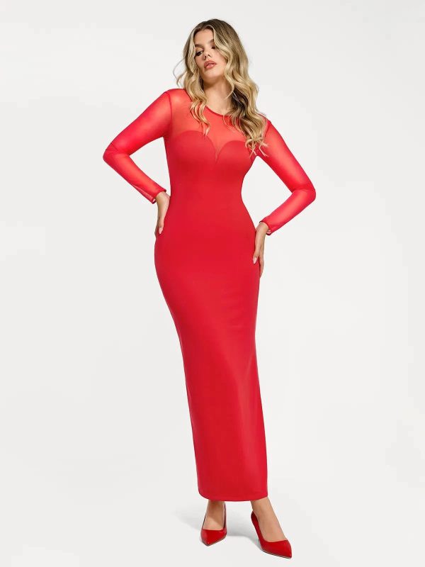 Shapewear Mesh Long Sleeve V-Back Maxi Dress