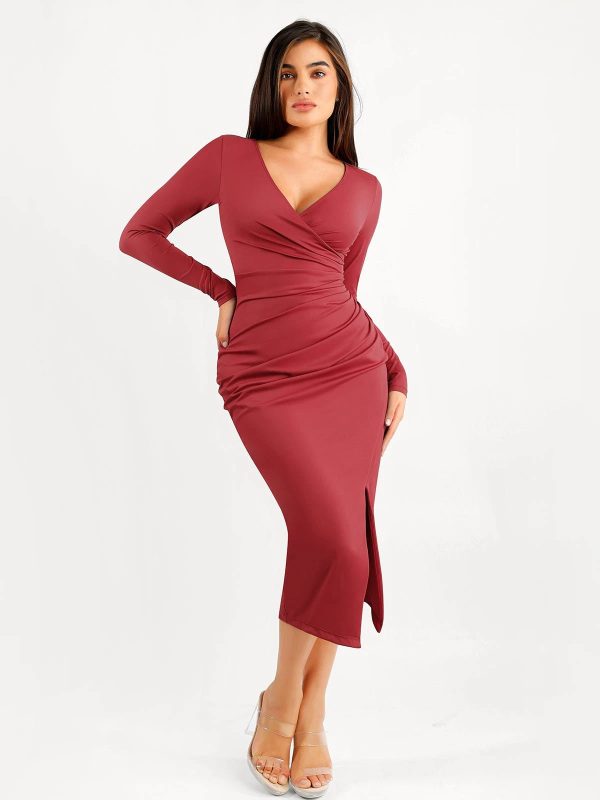 Shapewear Ruched Long Sleeve Faux Wrap Midi Dress