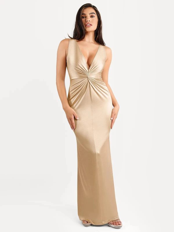 Shapewear Shine Deep V-Neck Bias Twist Maxi Dress