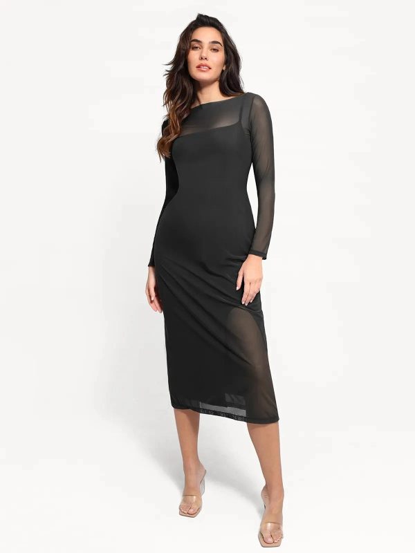 Shapewear Midi Dress and Sheer Mesh Overlay Set