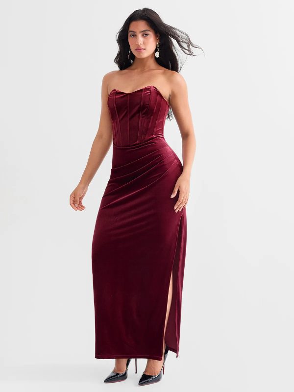 Strapless Velvet Ruched Corset Gown