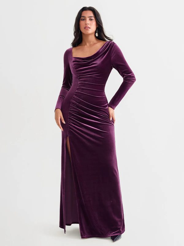 Velvet Draped Long Sleeve Column Gown